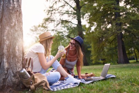 Téléchargez les photos : Filles amis assis dans le parc sur couverture parler, boire de la limonade - en image libre de droit