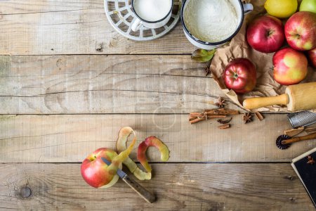 Photo for Apple Pie Making on Rustic Wooden Table - Royalty Free Image