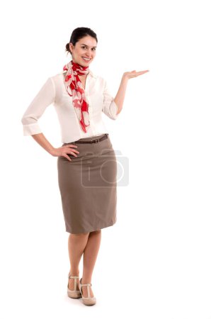 Téléchargez les photos : Femme d'affaires tient la main droite sur fond blanc - en image libre de droit