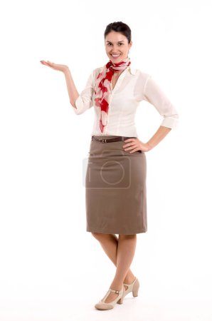 Téléchargez les photos : Femme d'affaires tient la main gauche sur fond blanc - en image libre de droit