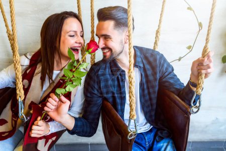 Photo for Smiling Young Love Couple with Red Rose - Royalty Free Image