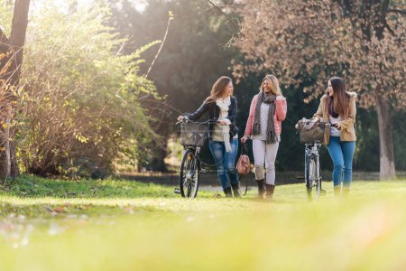 Téléchargez les photos : Groupe de filles souriantes de l'université avec des vélos marchant dans le parc - amitié - en image libre de droit