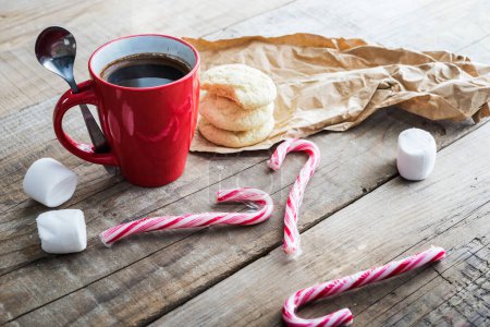Photo for Winter holiday background with coffee and candies - Royalty Free Image
