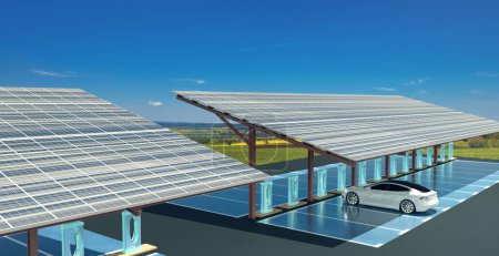 Téléchargez les photos : Borne de recharge EV sur le parking avec panneaux solaires, illustration 3D - en image libre de droit