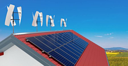 Téléchargez les photos : Petites éoliennes et panneaux solaires sur le toit d'une maison privée, Illustration 3D - en image libre de droit