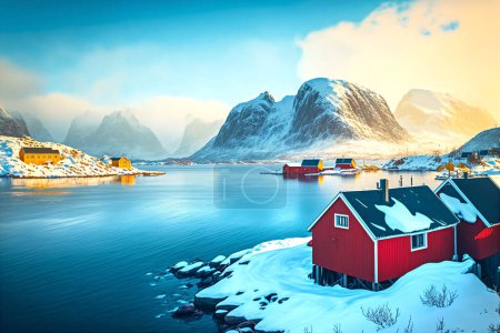 Photo for Lofoten Islands picture in Old School Travel Poster Style - Royalty Free Image