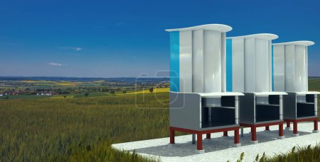 Téléchargez les photos : Une éolienne moderne avec stockage de batteries dans la nature, illustration 3D - en image libre de droit