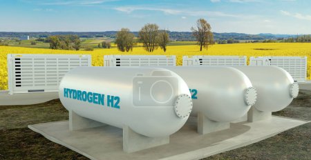 Téléchargez les photos : Une unité hydrogène moderne avec stockage de batterie dans la nature, illustration 3D - en image libre de droit