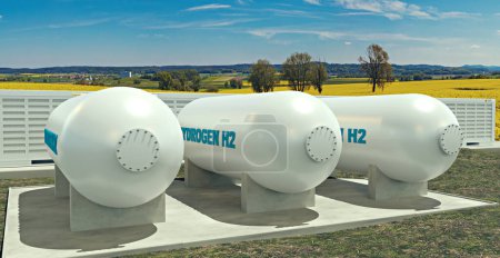 Foto de Una moderna unidad de hidrógeno con almacenamiento de batería en la naturaleza, ilustración 3D - Imagen libre de derechos