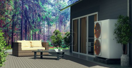 Ein modernes Luft-Wasser-Wärmepumpenheizsystem für private Haushalte, 3D-Illustration