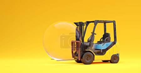 Foto de Imagen simbólica para el transporte ineficaz y la carga con carretilla elevadora y una burbuja, representación 3D - Imagen libre de derechos