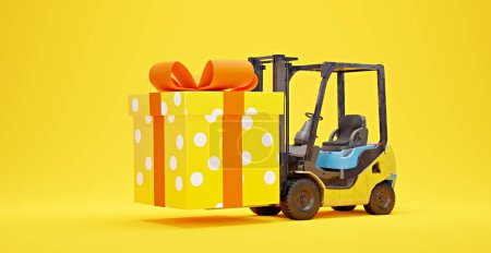 Photo for Symbolic picture for transportation and cargo with forklift and a gift box, 3D rendering - Royalty Free Image