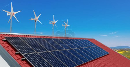 Foto de Pequeños aerogeneradores y paneles solares en el techo de una casa privada, Ilustración 3D - Imagen libre de derechos