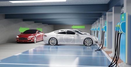 Borne de recharge EV sur place de parking, illustration 3D