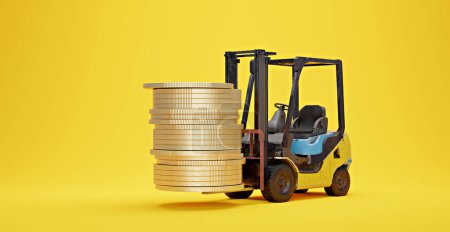 Téléchargez les photos : Image symbolique pour la génération de profits avec chariot élévateur et pièces, rendu 3D - en image libre de droit