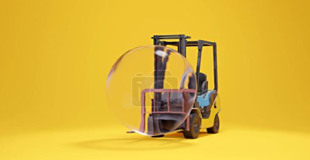 Foto de Imagen simbólica para el transporte ineficaz y la carga con carretilla elevadora y una burbuja, representación 3D - Imagen libre de derechos