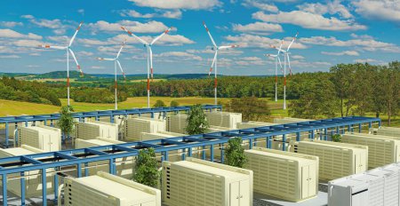 Foto de Un almacenamiento moderno de baterías y turbinas eólicas en la naturaleza, ilustración 3D - Imagen libre de derechos