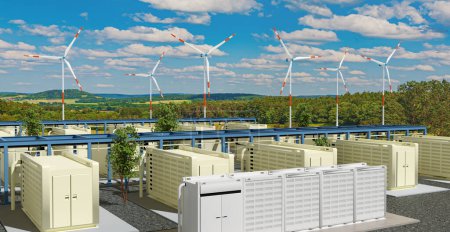 Un almacenamiento moderno de baterías y turbinas eólicas en la naturaleza, ilustración 3D