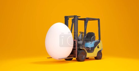 Foto de Cuadro simbólico para el transporte cuidadoso y la carga con carretilla elevadora y un huevo, representación 3D - Imagen libre de derechos