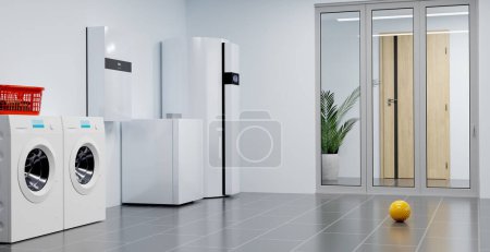 Foto de Un moderno sistema de calefacción de bomba de calor aire-agua para hogares particulares, ilustración 3D - Imagen libre de derechos