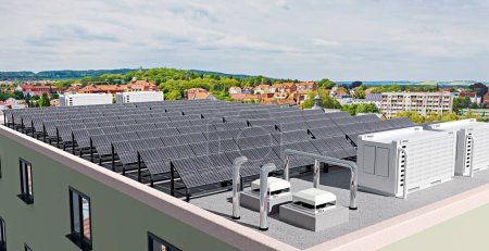 Foto de Instalación de paneles de energía solar con almacenamiento de batería en el techo de un edificio de gran altura, Ilustración 3D - Imagen libre de derechos
