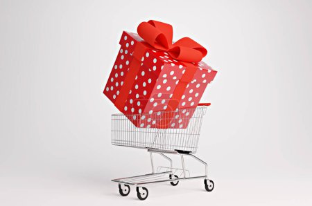 Foto de Cuadro simbólico para la compra de regalos con carrito de la compra y una caja de regalo enorme, representación 3D - Imagen libre de derechos