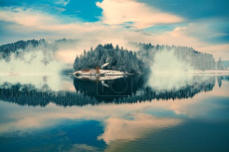 Foto de Un lago invernal con una pequeña isla en el bosque temprano en la mañana - Imagen libre de derechos
