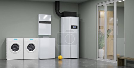 Téléchargez les photos : Un système moderne de chauffage air-eau par pompe à chaleur pour les ménages, illustration 3D - en image libre de droit
