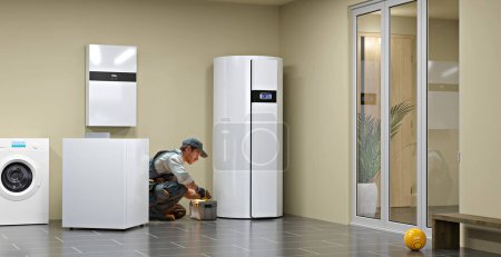 Foto de Montaje de un moderno sistema de calefacción de bomba de calor aire-agua para hogares particulares, ilustración 3D - Imagen libre de derechos