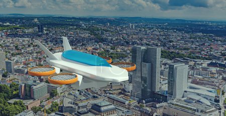 Téléchargez les photos : Drone de taxi volant dans les airs, Illustration 3D - en image libre de droit
