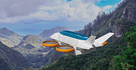 Foto de Vuelo drone taxi en el aire, Ilustración 3D - Imagen libre de derechos
