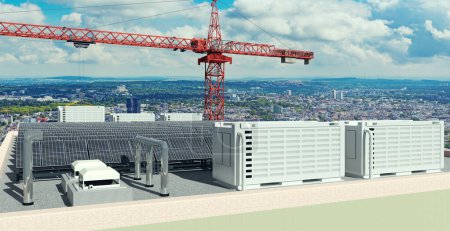 Foto de Instalación de paneles de energía solar con almacenamiento de batería en el techo de un edificio de gran altura, Ilustración 3D - Imagen libre de derechos