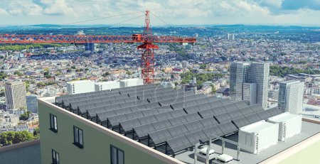 Téléchargez les photos : Installation de panneaux solaires avec stockage de batteries sur le toit d'un immeuble de grande hauteur, Illustration 3D - en image libre de droit