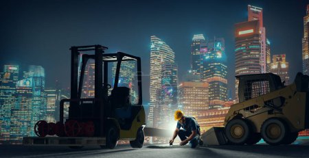 Téléchargez les photos : Machines personnelles et de construction sur un chantier la nuit, illustration 3D - en image libre de droit