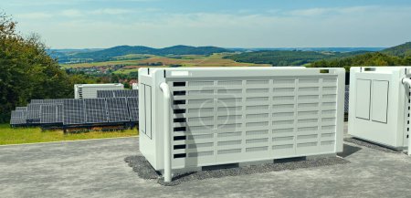 Foto de Un solarfield moderno con almacenamiento de baterías en la naturaleza - Imagen libre de derechos