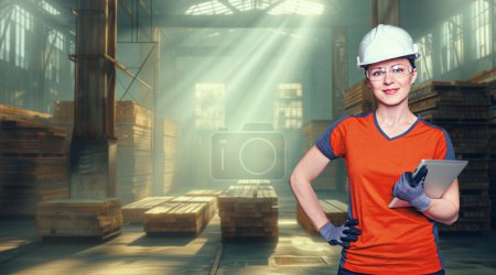 Photo for A young female warehouse worker in a manufacturing plant - Royalty Free Image