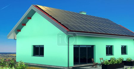 Foto de Paneles de energía solar en el techo de una casa privada, Ilustración 3D - Imagen libre de derechos
