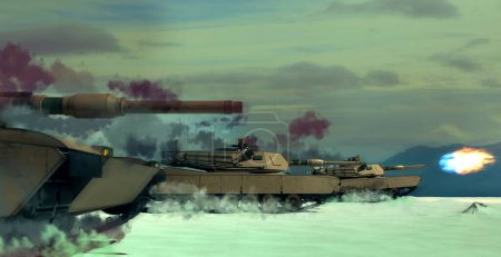 Téléchargez les photos : Image symbolique pour les actions militaires avec attaque de char dans un dessert, illustration 3D - en image libre de droit