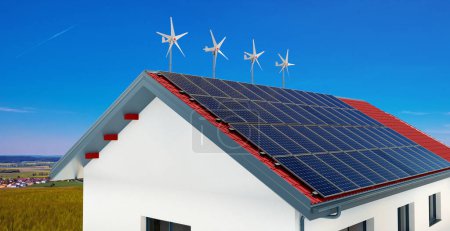 Foto de Pequeños aerogeneradores y paneles solares en el techo de una casa privada, Ilustración 3D - Imagen libre de derechos