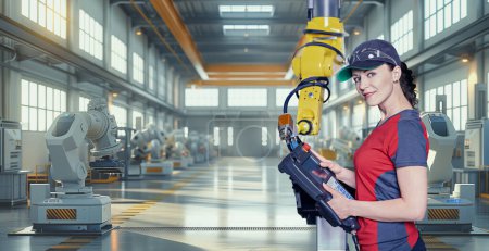 Foto de Una joven técnica femenina mientras construye máquinas en una planta de fabricación - Imagen libre de derechos