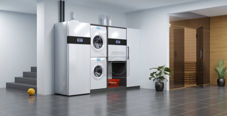 Foto de Un moderno sistema de calefacción de bomba de calor aire-agua para hogares particulares, ilustración 3D - Imagen libre de derechos