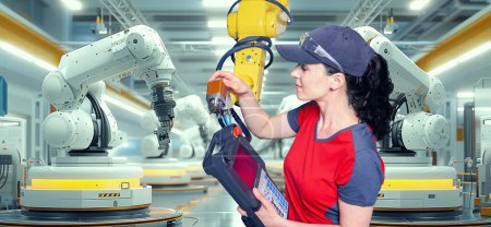 Foto de Una joven técnica femenina mientras construye máquinas en una planta de fabricación - Imagen libre de derechos