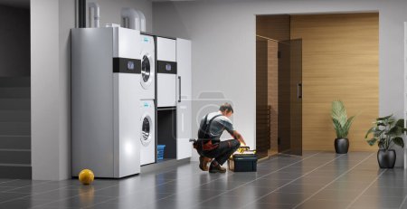 Foto de Montaje de un moderno sistema de calefacción de bomba de calor aire-agua para hogares particulares, ilustración 3D - Imagen libre de derechos