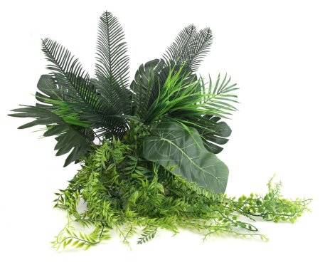 Foto de Arbusto artificial de plantas tropicales aislado sobre fondo blanco. Plástico hojas y plantas realistas. - Imagen libre de derechos