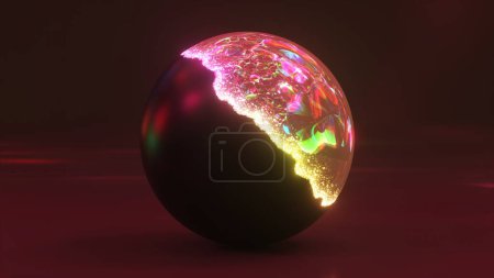 Téléchargez les photos : The shell of the ball disappears and a crystal rainbow ball appears. Reincarnation. Interference. Pink burgundy color. High quality 3d illustration - en image libre de droit