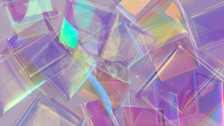 Los cubos suaves transparentes del arco iris acuden al centro y se pegan el uno al otro. Burbuja. Cifras geométricas. ilustración 3d de alta calidad