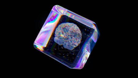 Foto de Cubo de cristal gira sobre un fondo aislado negro. Cerebro de diamante dentro de un cubo transparente. Arco iris. .. ilustración 3d de alta calidad - Imagen libre de derechos