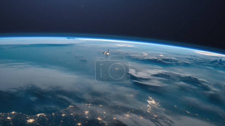 Téléchargez les photos : Une vue sur la Terre et un vaisseau spatial. La station spatiale internationale tourne autour de la Terre. Satellite dans l'espace ouvert. Illustration 3D de haute qualité - en image libre de droit