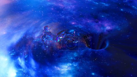 Photo for Diamond Man escapes from a cosmic vortex that pulls him into the depths. Galaxies, space, stars on the floor. Danger. High quality 3d illustration - Royalty Free Image
