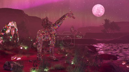 Diamond astronaut riding a giraffe stands near a pond. Purple neon color. Moon in the night sky. High quality 3d illustration